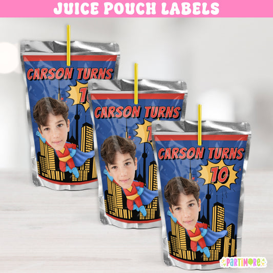 Custom Flying Superhero Juice Labels | Personalized Birthday Drink Stickers