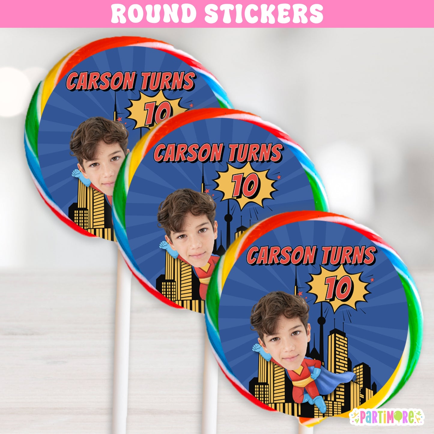 Personalized Flying Superhero Lollipop Round Stickers | Custom Comic Party Labels
