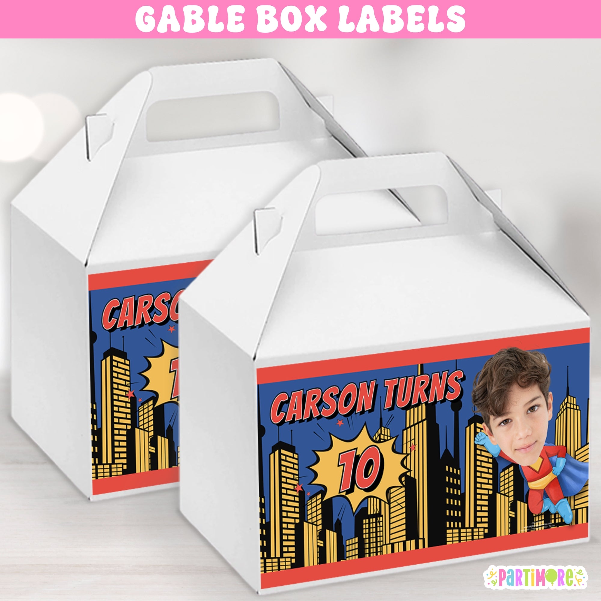 Flying Superhero Gable Box Labels | Personalized Comic Favor Stickers ...