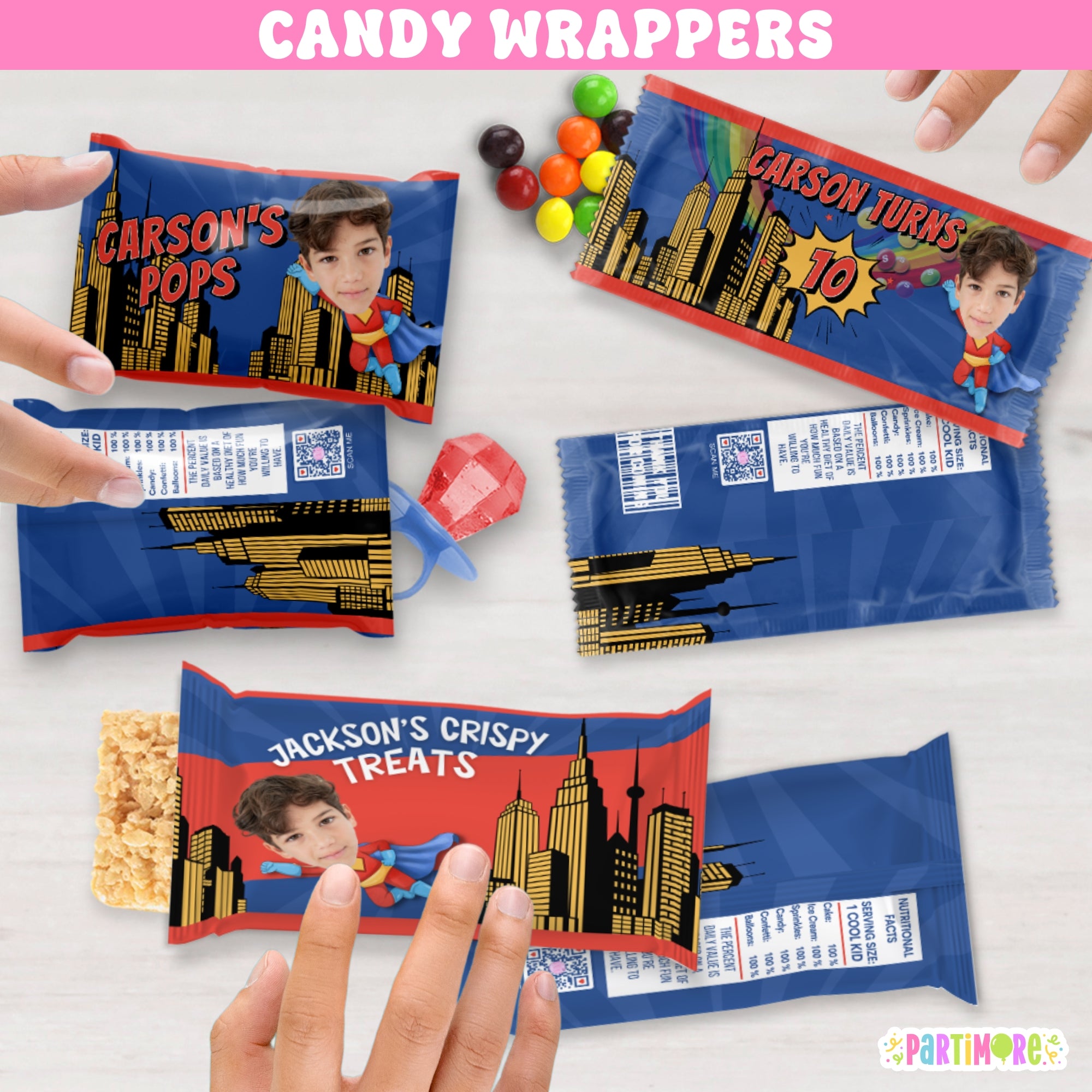 Hero Wrapper Custom Flying Super Hero Candy Wrappers | Personalized Birthday Favors ...