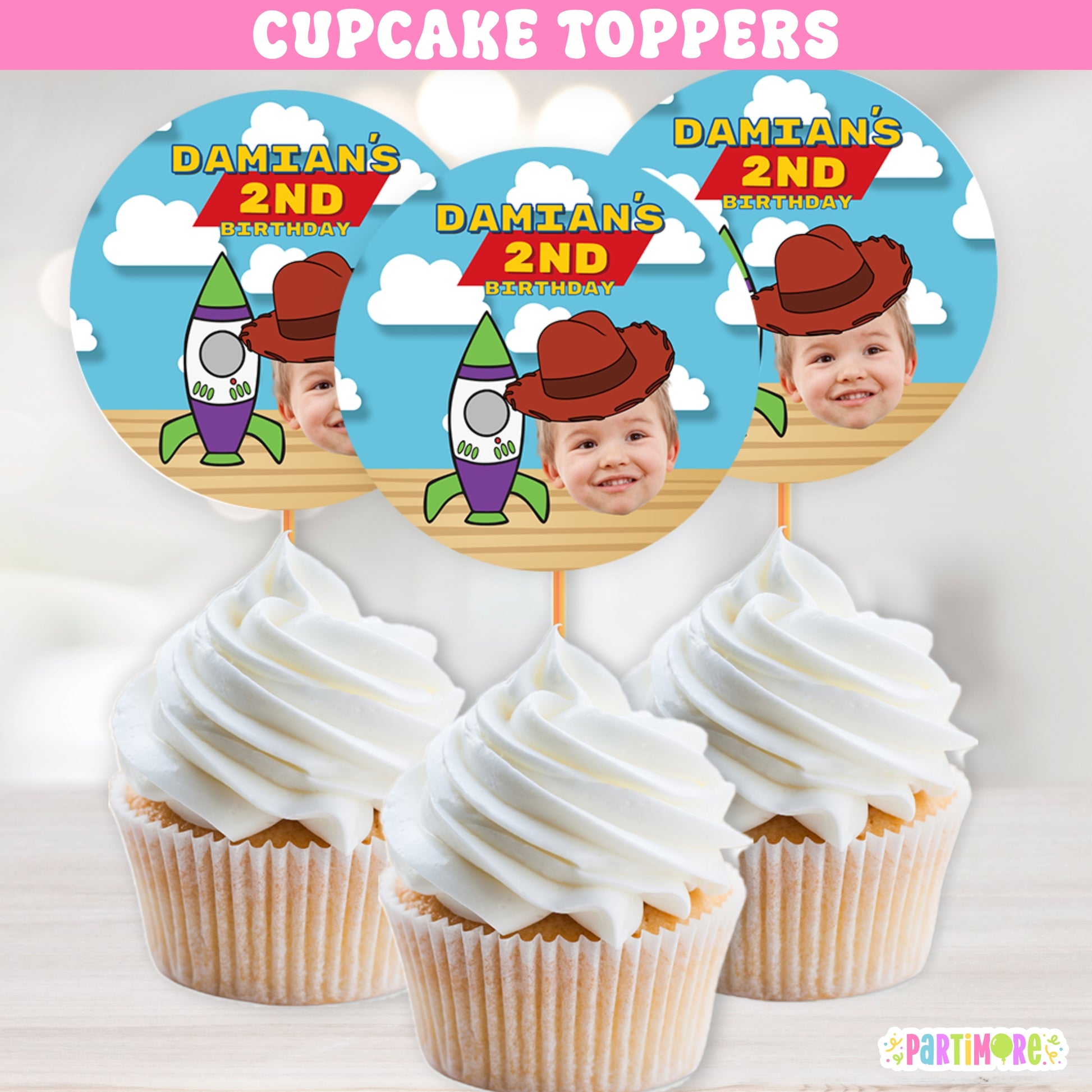 cowboy and space adventure cupcake toppers in red yellow blue and green personalized with name and age perfect for two infinity 2nd birthday roundup theme or space ranger birthday party