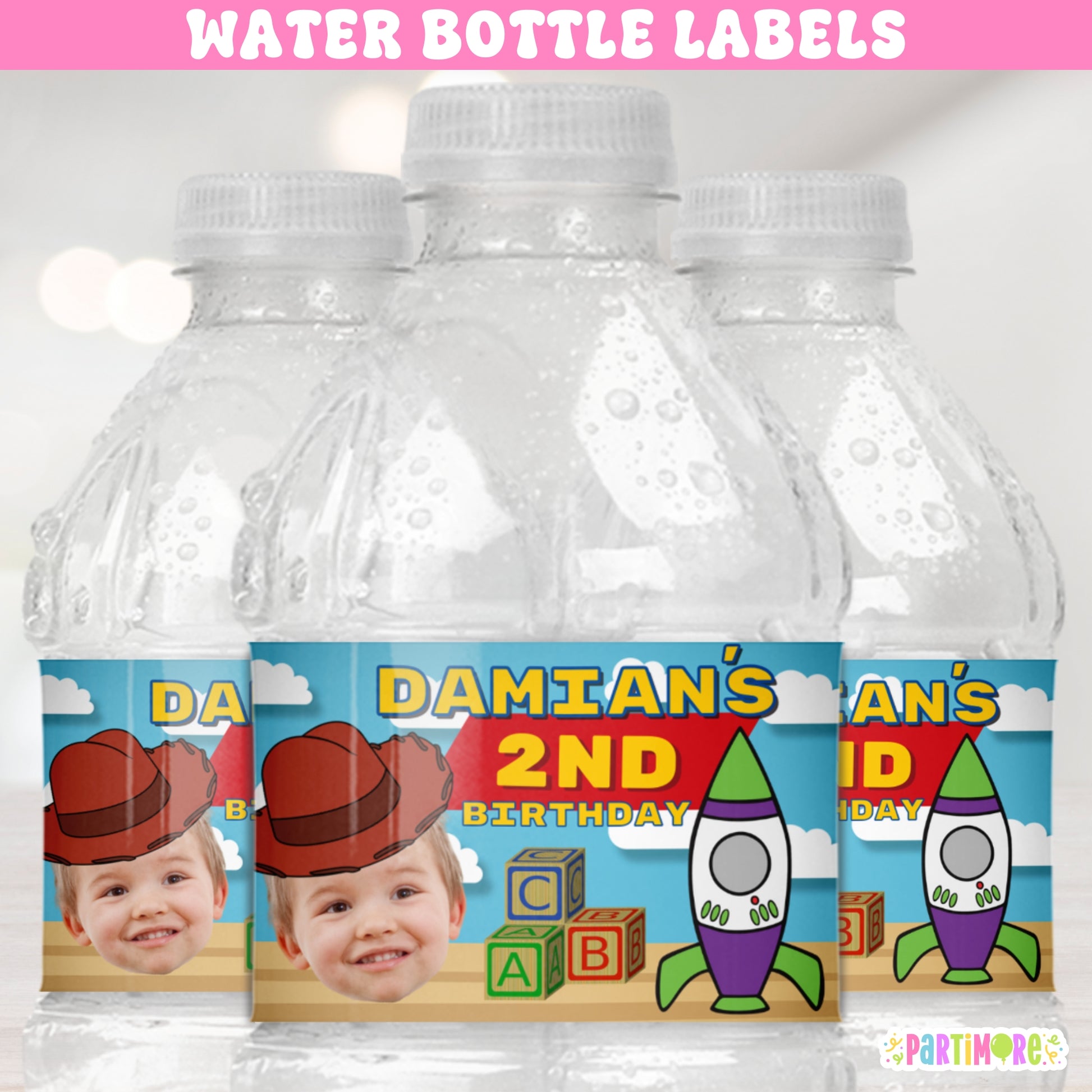 cowboy and space adventure water bottle labels in bold primary colors personalized drink wraps for birthday parties ideal for two infinity 2nd birthday roundup or space ranger celebration