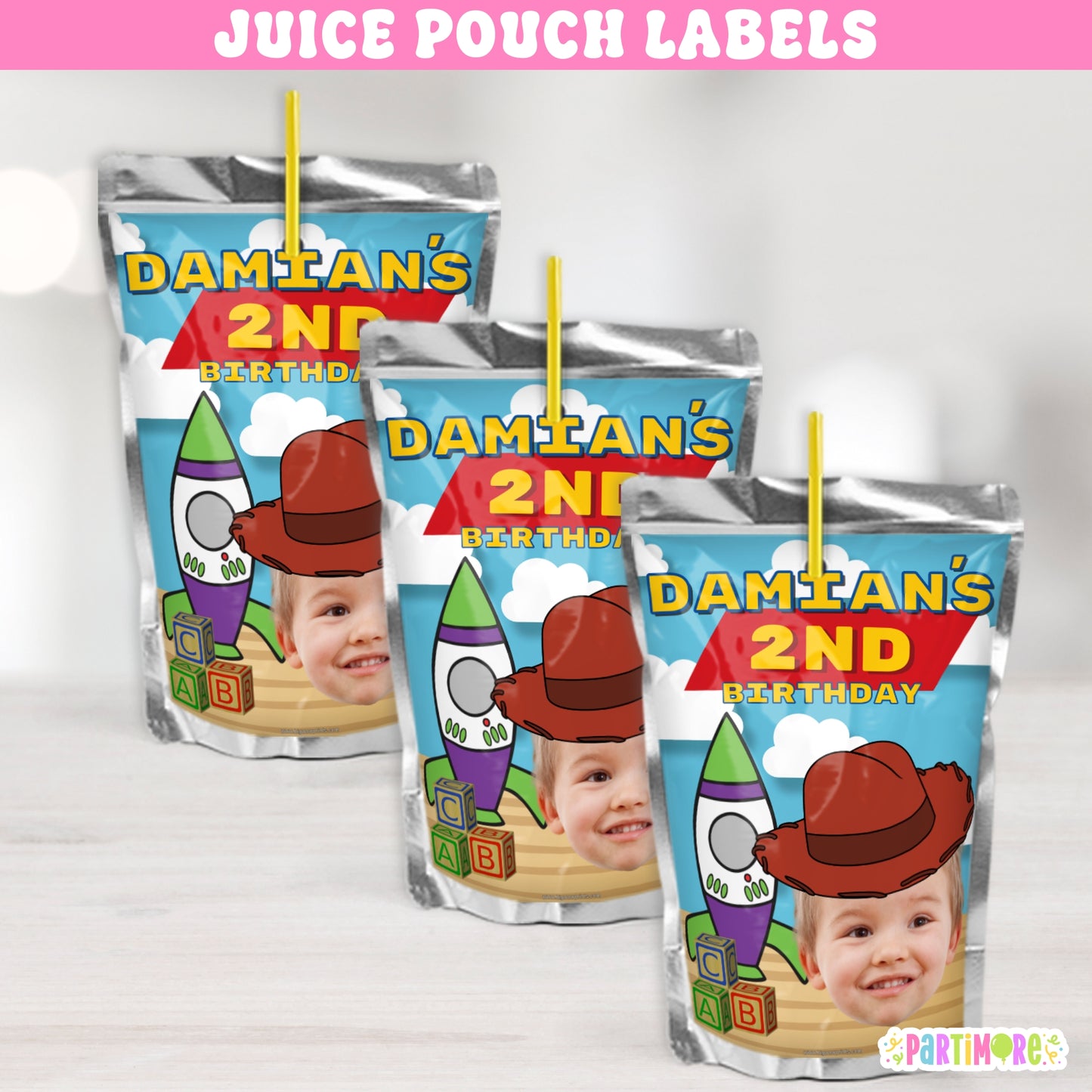 cowboy and space adventure juice pouch labels in bright fun colors personalized drink stickers ideal for two infinity 2nd birthday roundup party or space ranger theme celebration