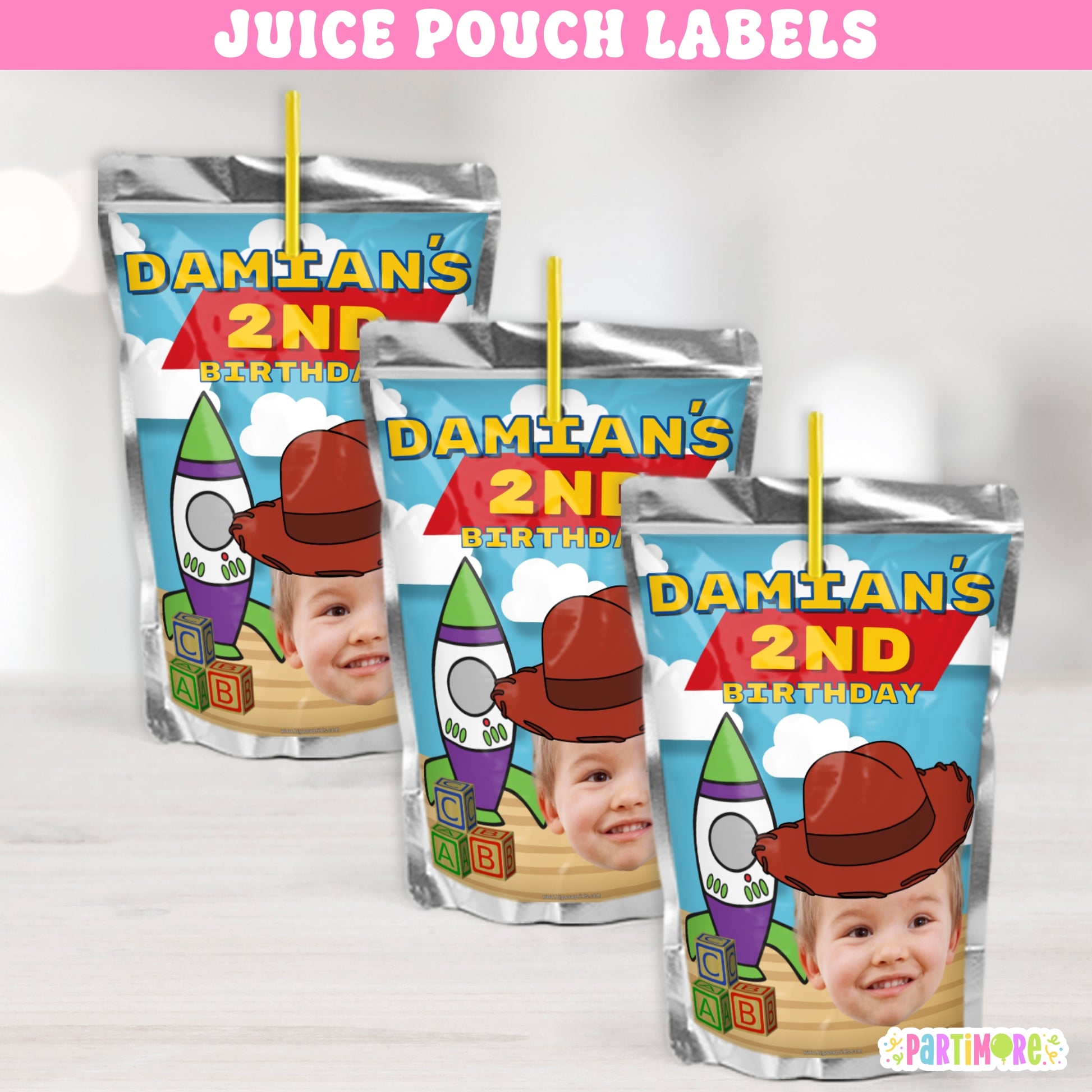 cowboy and space adventure juice pouch labels in bright fun colors personalized drink stickers ideal for two infinity 2nd birthday roundup party or space ranger theme celebration