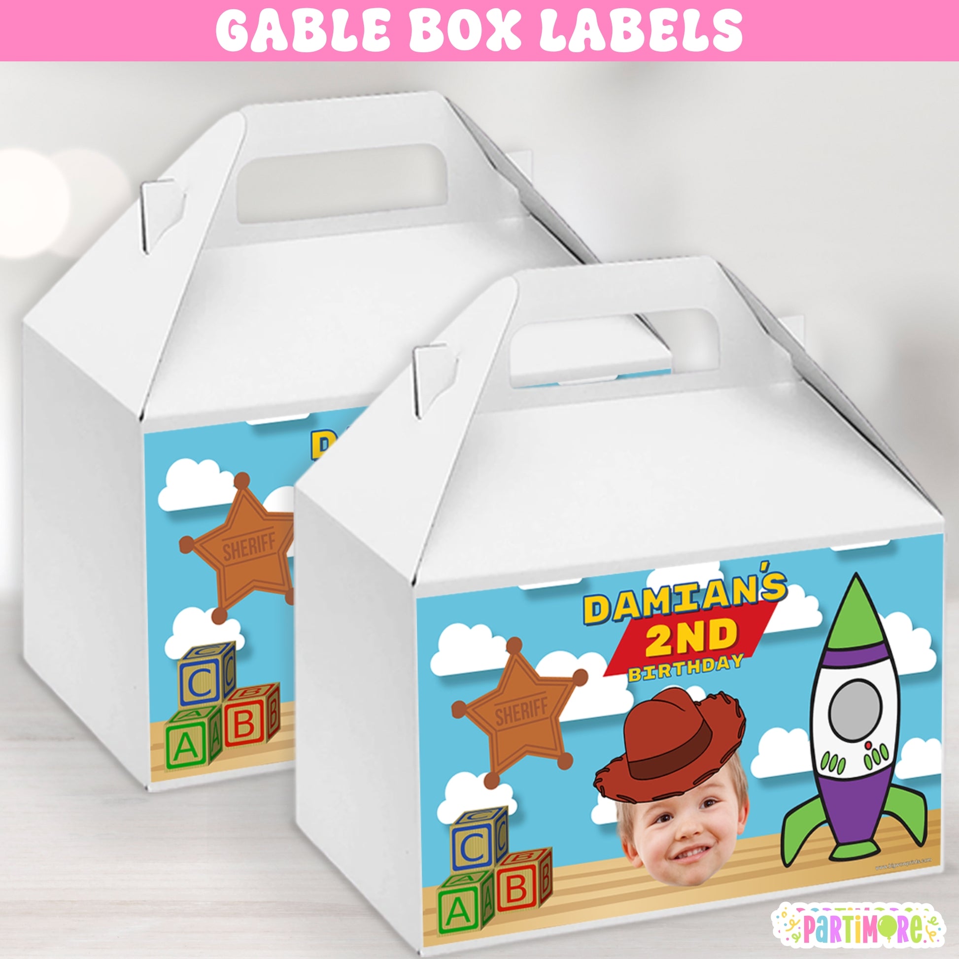 Toy Two Infinity 2nd birthday inspired gable box labels in classic primary colors — personalized goodie bag stickers for kids’ birthday party favors