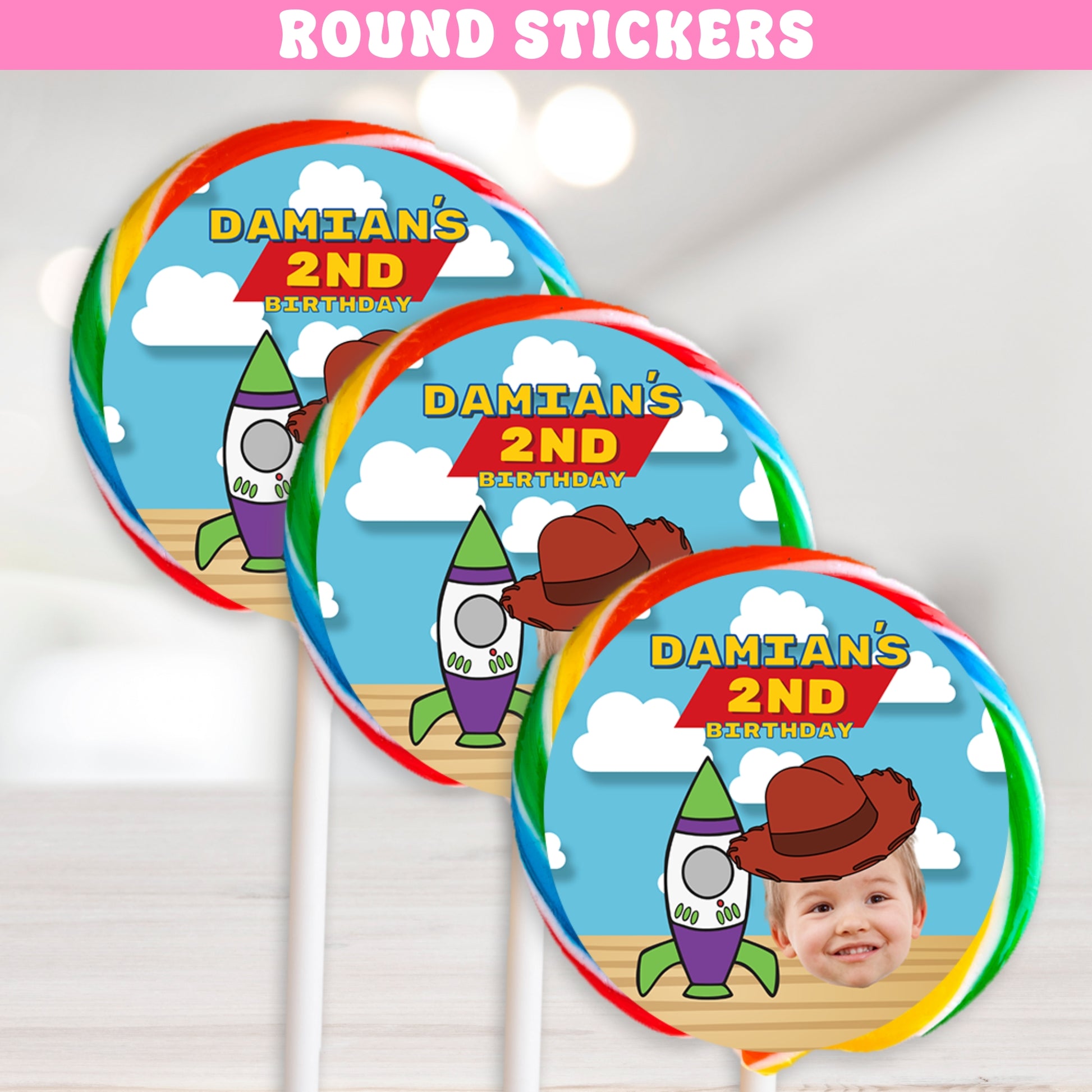 cowboy and space adventure round stickers in red blue and yellow for boys and girls cowboy birthday party perfect for sealing favor bags cupcake toppers or lollipop labels great for two infinity 2nd birthday or roundup party