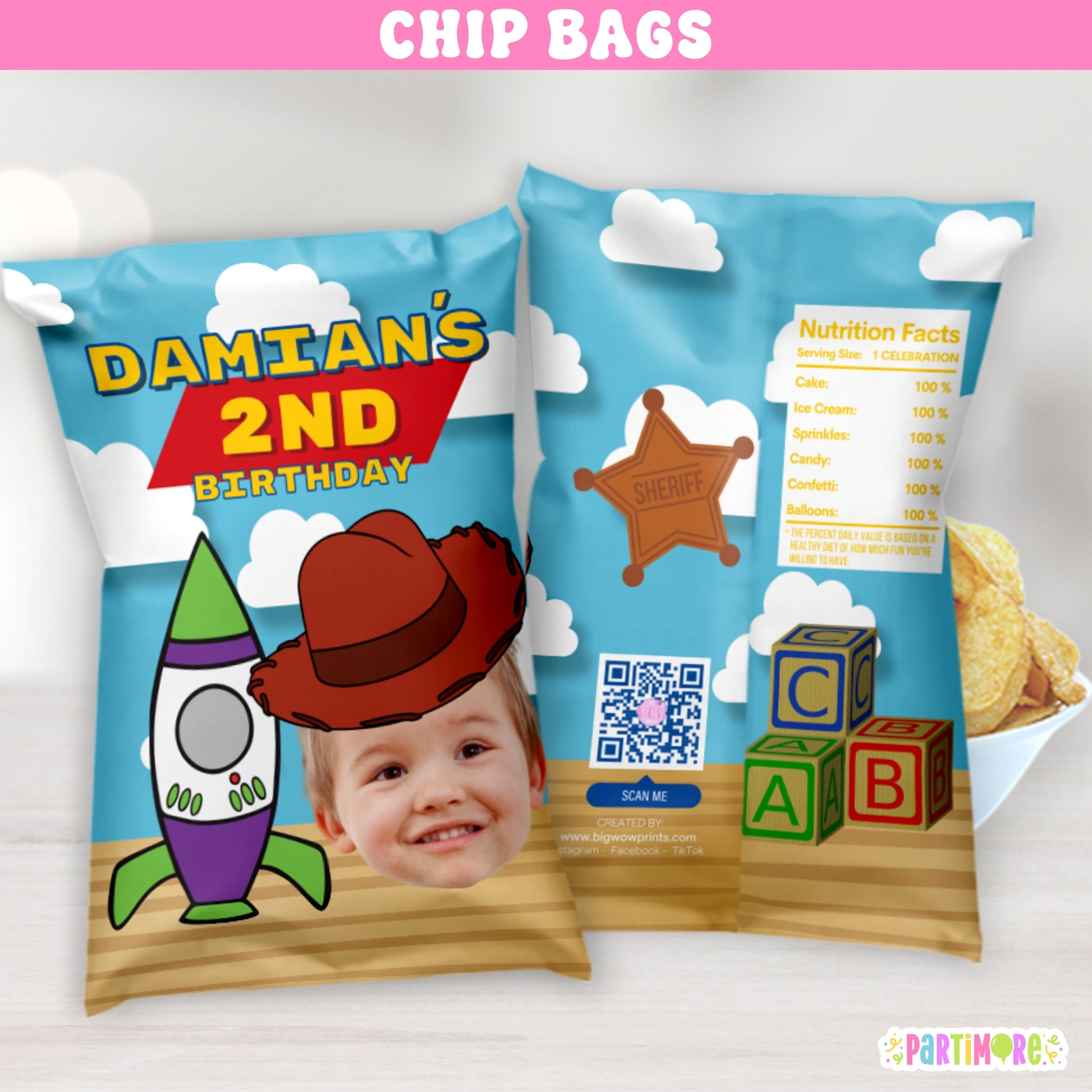 cowboy and space adventure chip bag wrappers in bright colors personalized snack bags for birthday parties great for two infinity 2nd birthday roundup theme or space ranger party favors