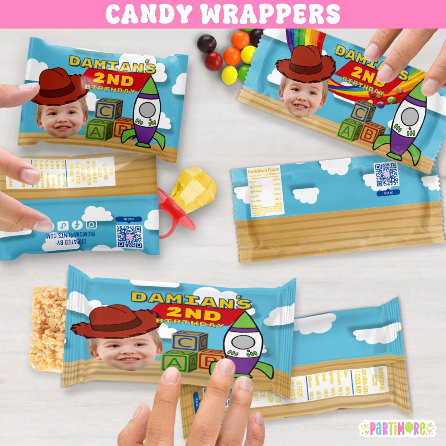 Cowboy and space adventure candy bar wrappers in vibrant colors personalized candy covers perfect for two infinity 2nd birthday roundup party or space ranger birthday theme