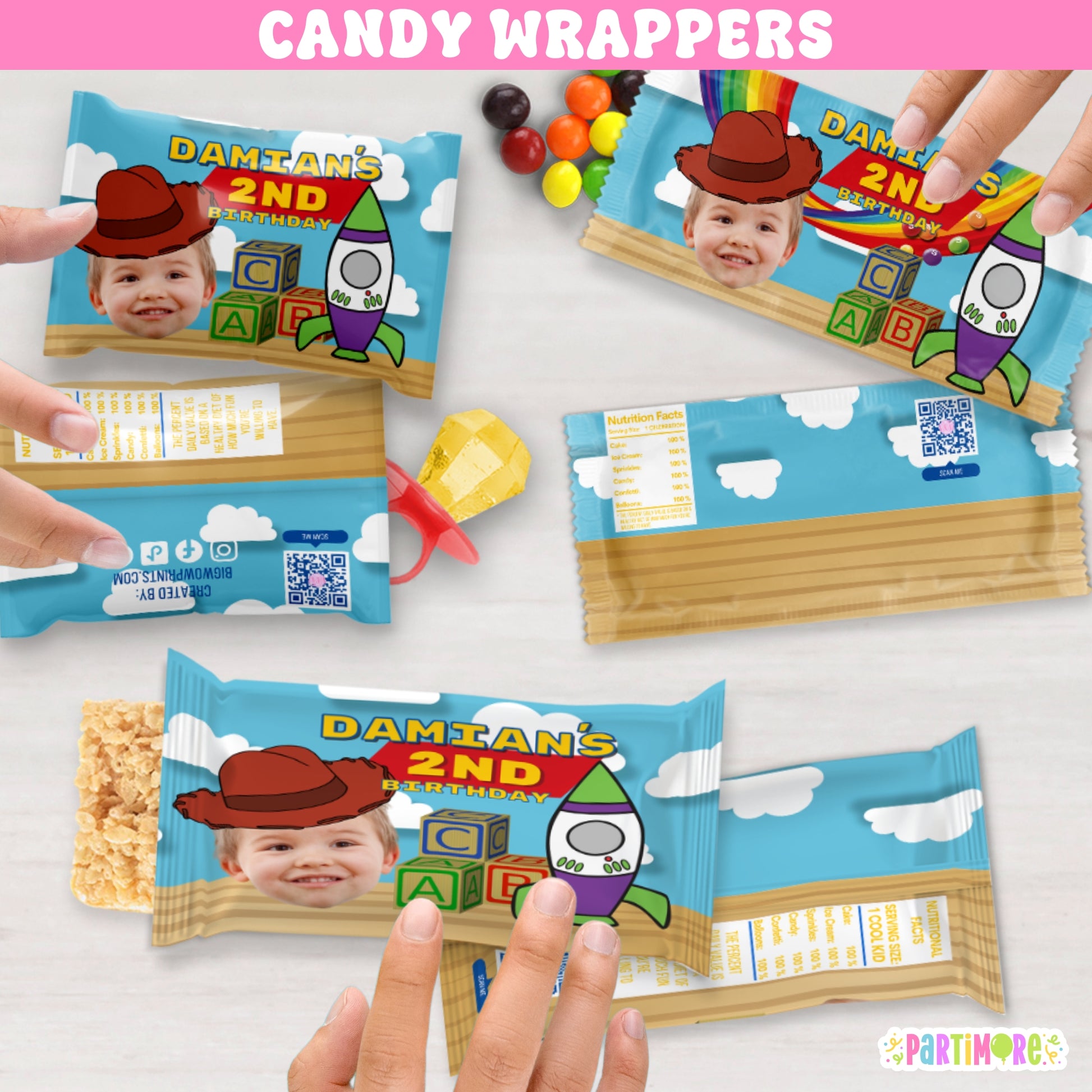 Cowboy and space adventure candy bar wrappers in vibrant colors personalized candy covers perfect for two infinity 2nd birthday roundup party or space ranger birthday theme