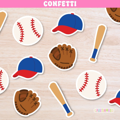 100 assorted baseball birthday party confetti pieces with baseball, bat, glove and baseball cap designs