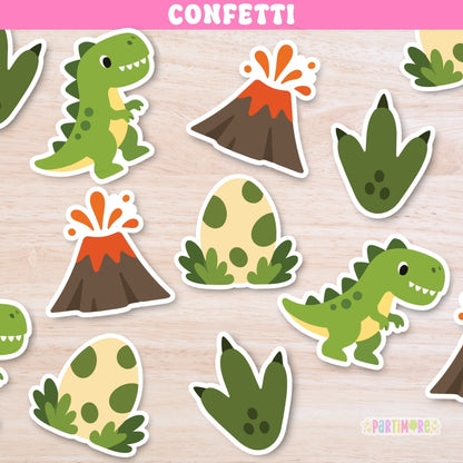 100 assorted dinosaur confetti pieces with dinosaurs, footprints, volcanoes and eggs for dino birthday party table decorations
