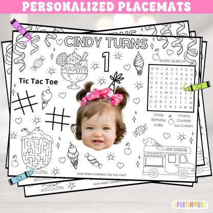 Ice Cream Themed Birthday Coloring Placemats For Girls Sweet One 1st Birthday, Two Sweet 2nd Birthday, 3rd 4th 5th Candy Party Decor
