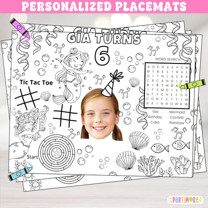 Mermaid Birthday Activity Coloring Placemats, Mermaid Decorations, Mermaid Party Supplies, Pool Party Favor Box Accessories, Kids Table Setting