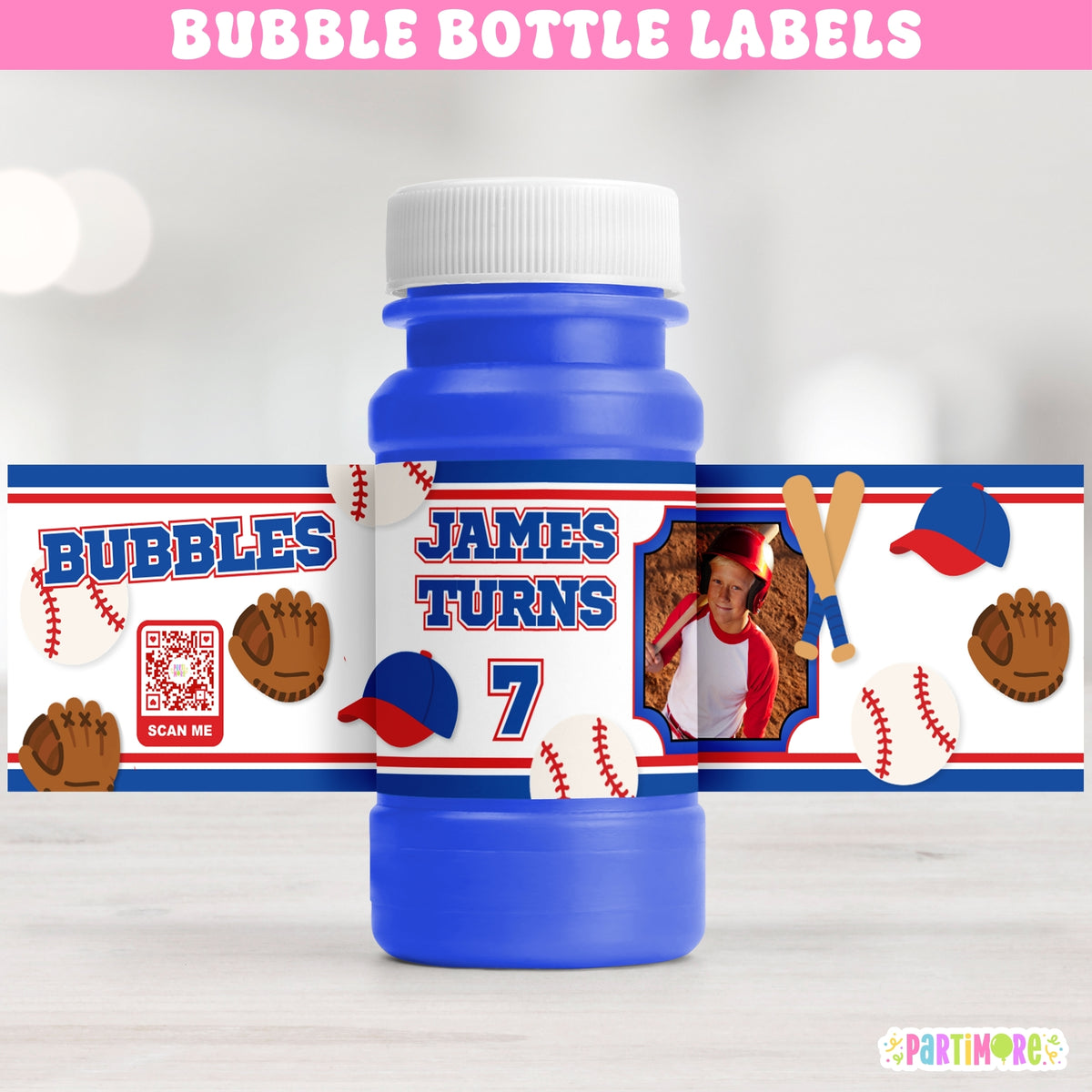 Personalized baseball birthday bubble bottle labels with child photo, name and age for baseball party favors