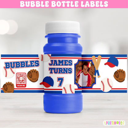 Personalized baseball birthday bubble bottle labels with child photo, name and age for baseball party favors