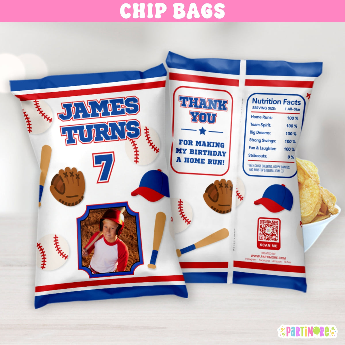 Personalized baseball birthday chip bags with custom child photo, name and age for kids baseball party favors