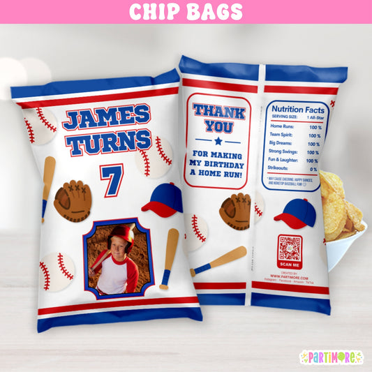 Personalized baseball birthday chip bags with custom child photo, name and age for kids baseball party favors