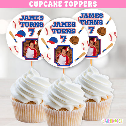 Personalized baseball birthday cupcake toppers with child photo, name and age for a baseball themed birthday party