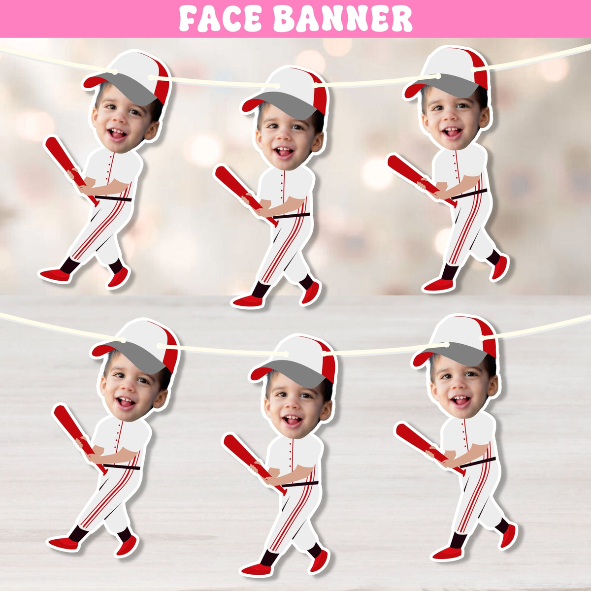 Personalized baseball birthday face banner made with child photo for baseball themed birthday party decorations