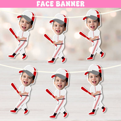 Personalized baseball birthday face banner made with child photo for baseball themed birthday party decorations