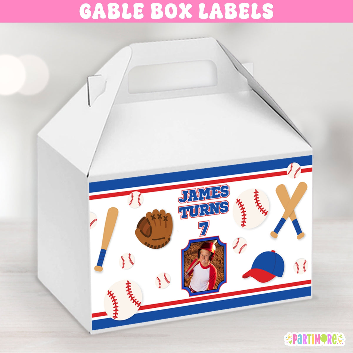 Personalized baseball birthday gable box labels with custom child photo, name and age for kids party favor boxes