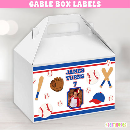 Personalized baseball birthday gable box labels with custom child photo, name and age for kids party favor boxes