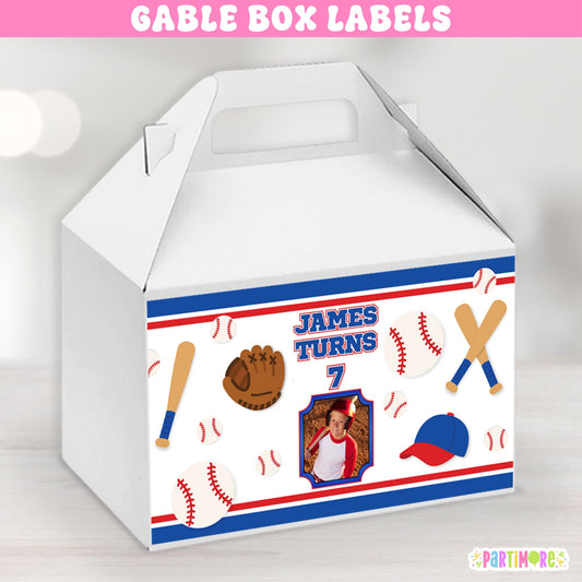Personalized baseball birthday gable box labels with custom child photo, name and age for kids party favor boxes