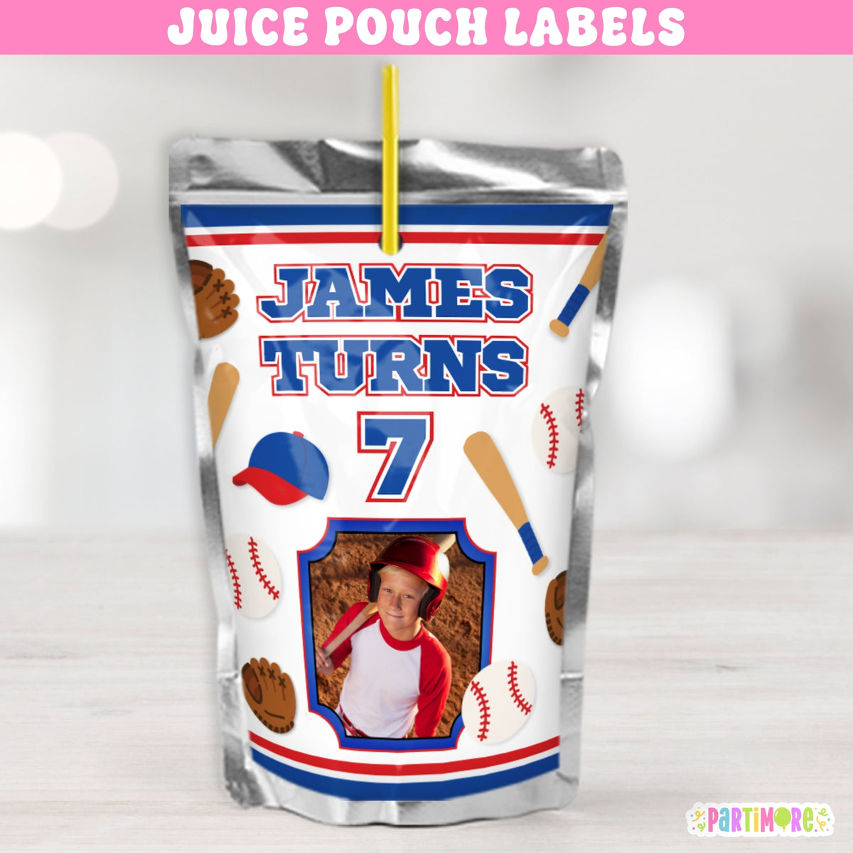 Personalized baseball birthday juice pouch labels with custom child photo, name and age for kids baseball party drinks