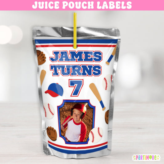 Personalized baseball birthday juice pouch labels with custom child photo, name and age for kids baseball party drinks
