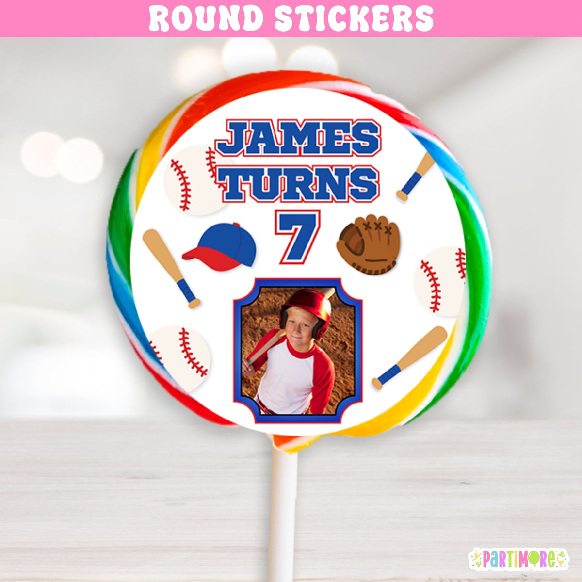 Personalized round baseball birthday stickers with child photo, name and age for lollipops, party bags, cups and favors