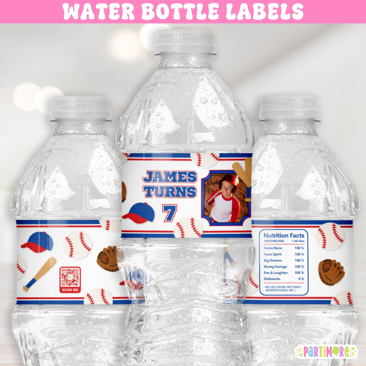 Personalized baseball birthday water bottle labels with custom child photo, name and age for kids baseball party drinks