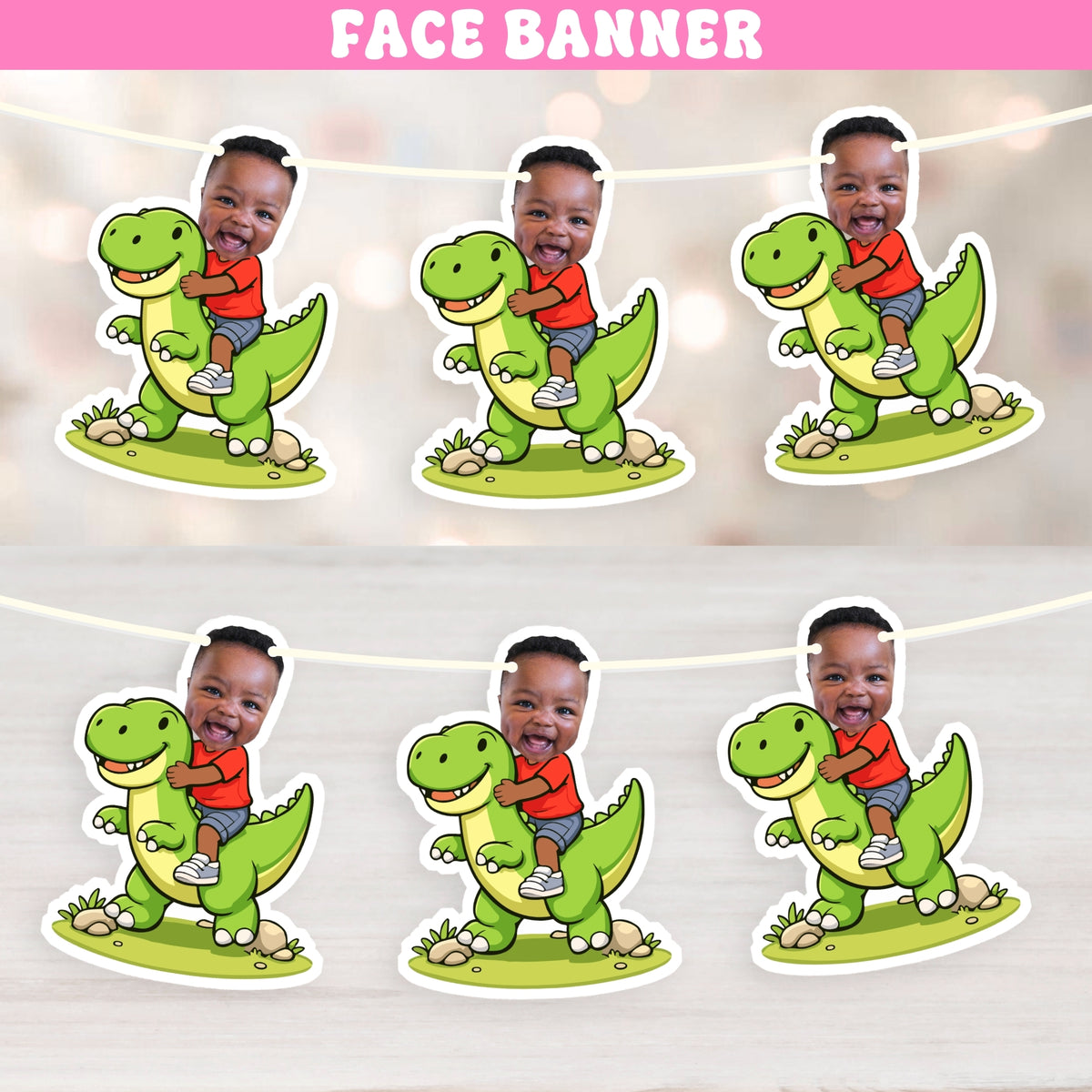 Personalized dinosaur birthday banner with custom child photo, 6 piece dino party decoration for kids dinosaur birthday party