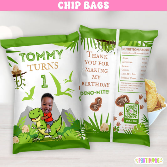 Personalized dinosaur chip bags with child name age and photo, custom dino birthday party favors for kids, set of 12
