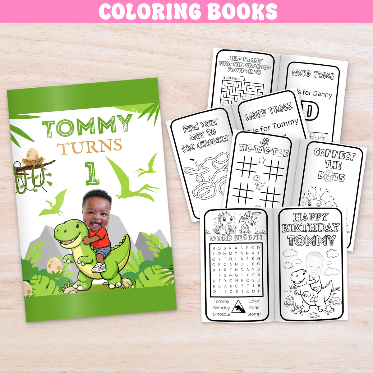 Personalized dinosaur coloring books with child name age and photo, custom dino birthday party favors with coloring pages and activities