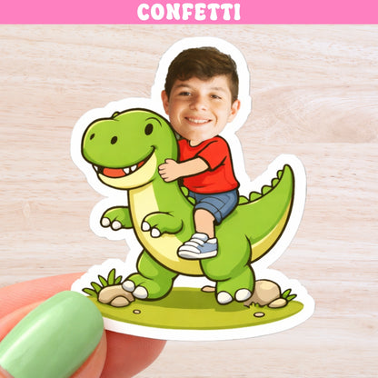 Personalized dinosaur confetti featuring custom child photo riding a dinosaur, 100 piece dino birthday party table decorations
