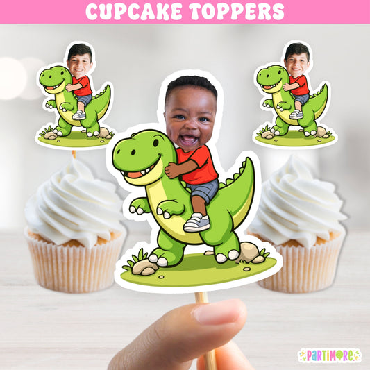 Personalized dinosaur cupcake toppers featuring custom child photos riding a green dinosaur for kids dino birthday party decorations
