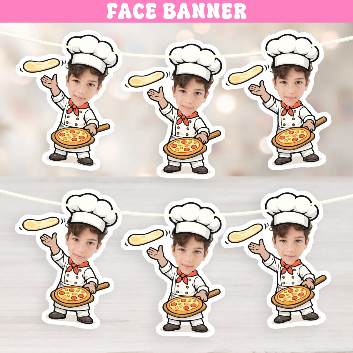 Personalized pizza birthday banner with custom photo little chef characters for kids pizza themed birthday party decorations