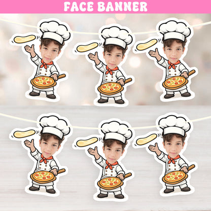 Personalized pizza birthday banner with custom photo little chef characters for kids pizza themed birthday party decorations