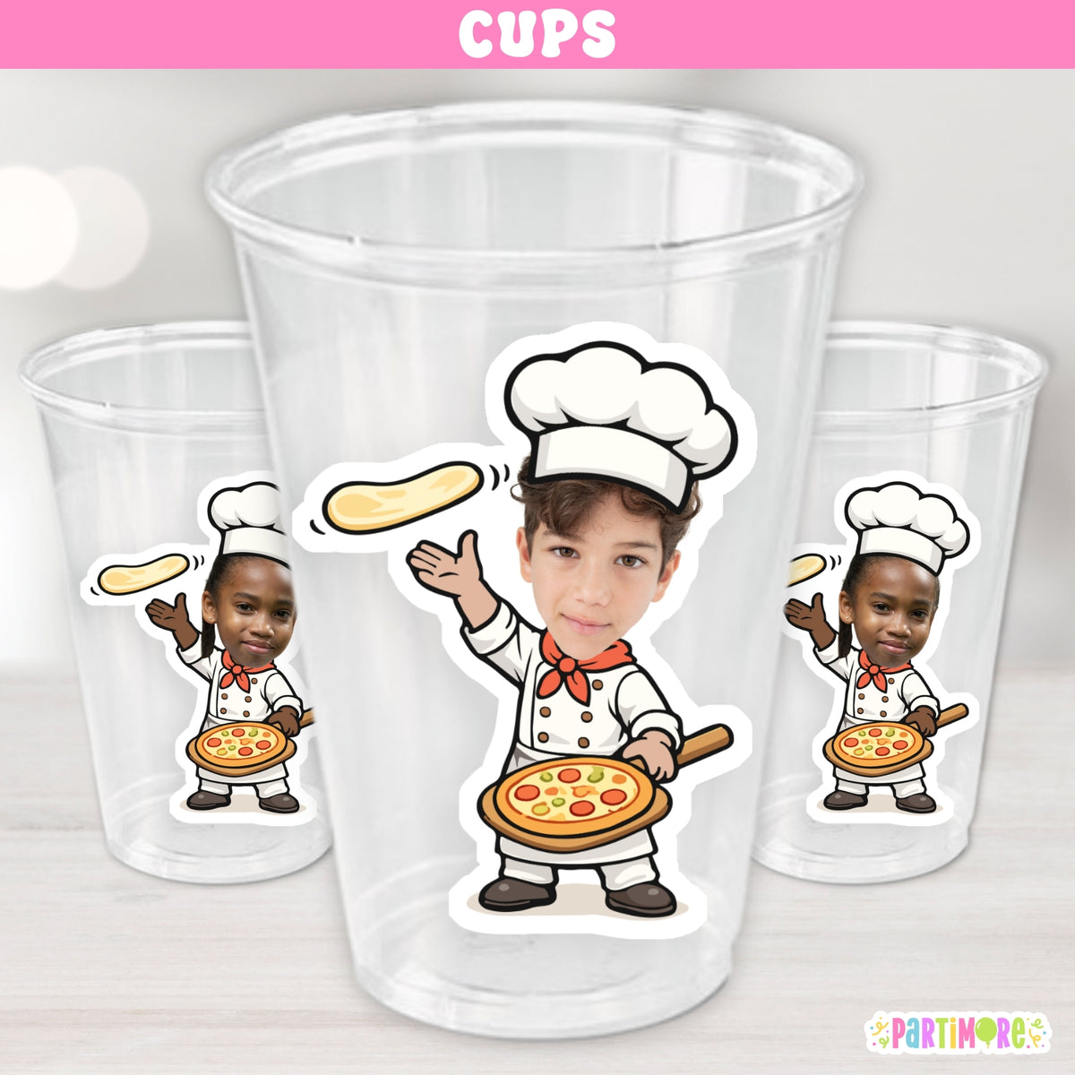 Set of 12 personalized 16 oz pizza birthday cups featuring a custom child photo little chef design for pizza themed parties