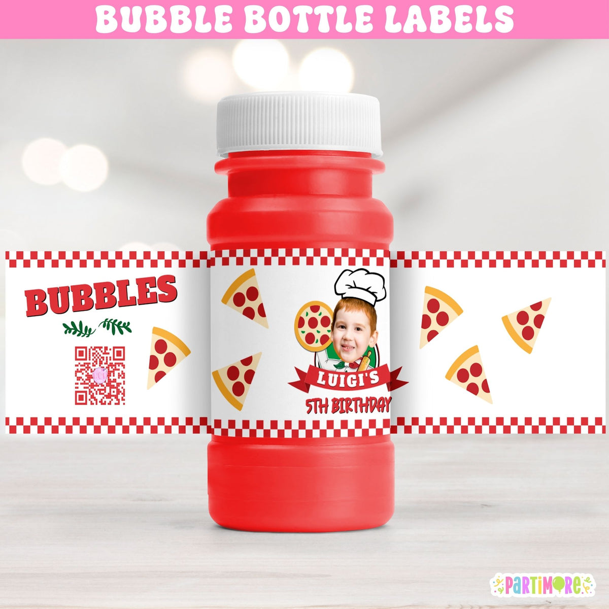 Set of 12 personalized pizza bubble bottle labels with name age and photo for One Big Slice first birthday and pizza party favors