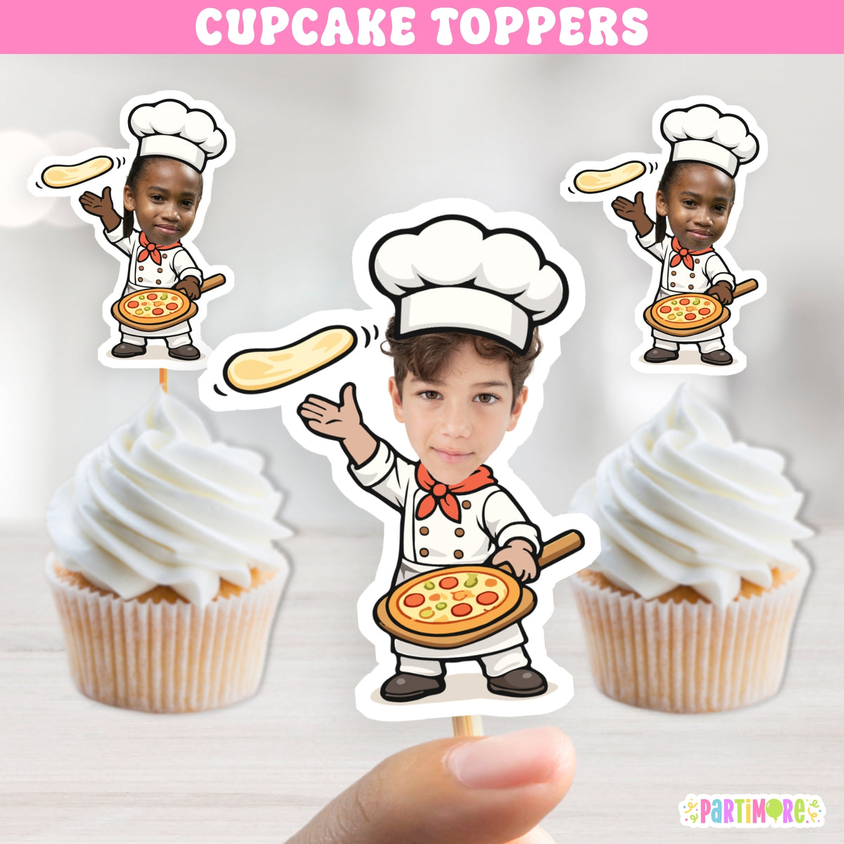 Personalized pizza chef cupcake toppers with custom child photo, chef body and pizza design for kids pizza birthday party