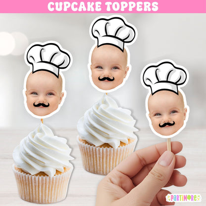 Set of 12 personalized pizza cupcake toppers featuring a custom child photo with chef hat for pizza birthday party decorations