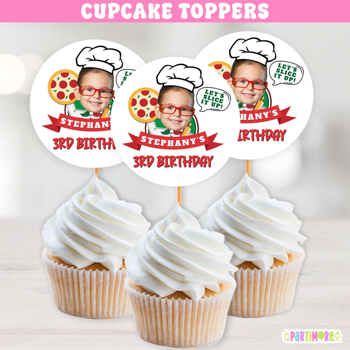 Set of 12 personalized pizza cupcake toppers with name age and photo for One Big Slice first birthday and pizza themed birthday party