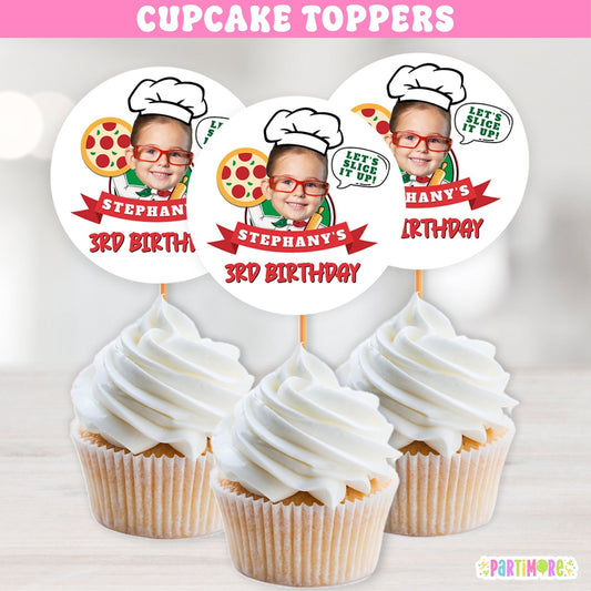 Set of 12 personalized pizza cupcake toppers with name age and photo for One Big Slice first birthday and pizza themed birthday party