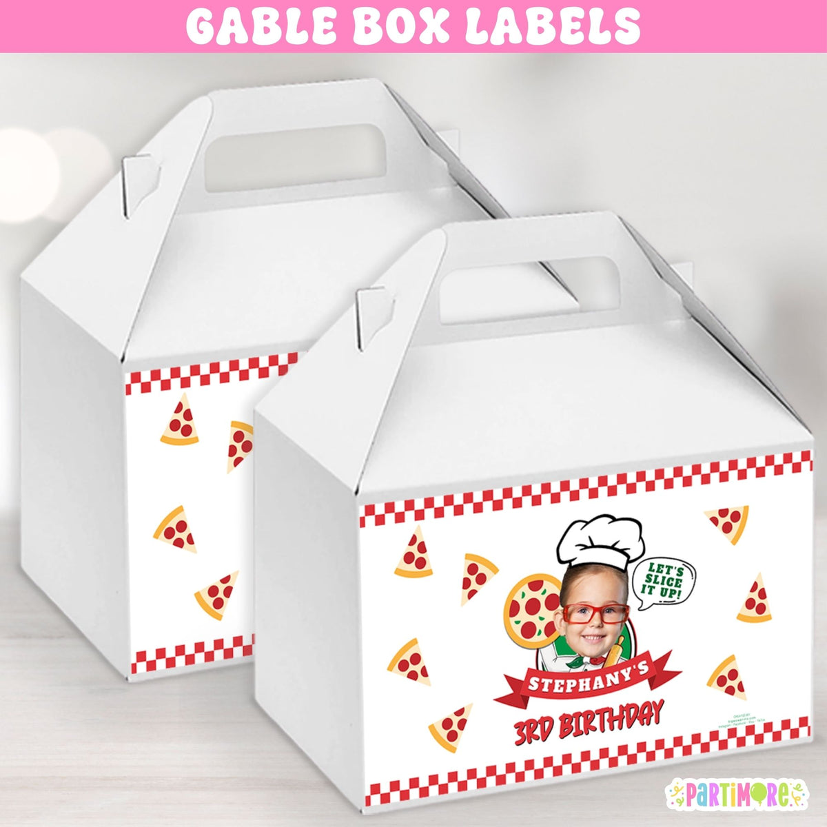 Set of 12 personalized pizza gable box labels with name age and photo for One Big Slice first birthday and pizza party favors