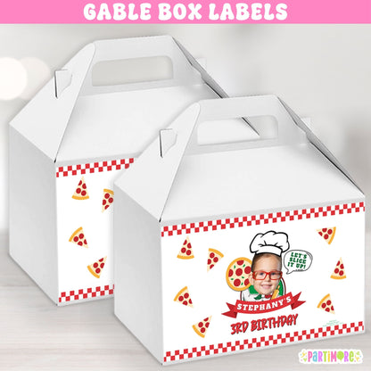 Set of 12 personalized pizza gable box labels with name age and photo for One Big Slice first birthday and pizza party favors
