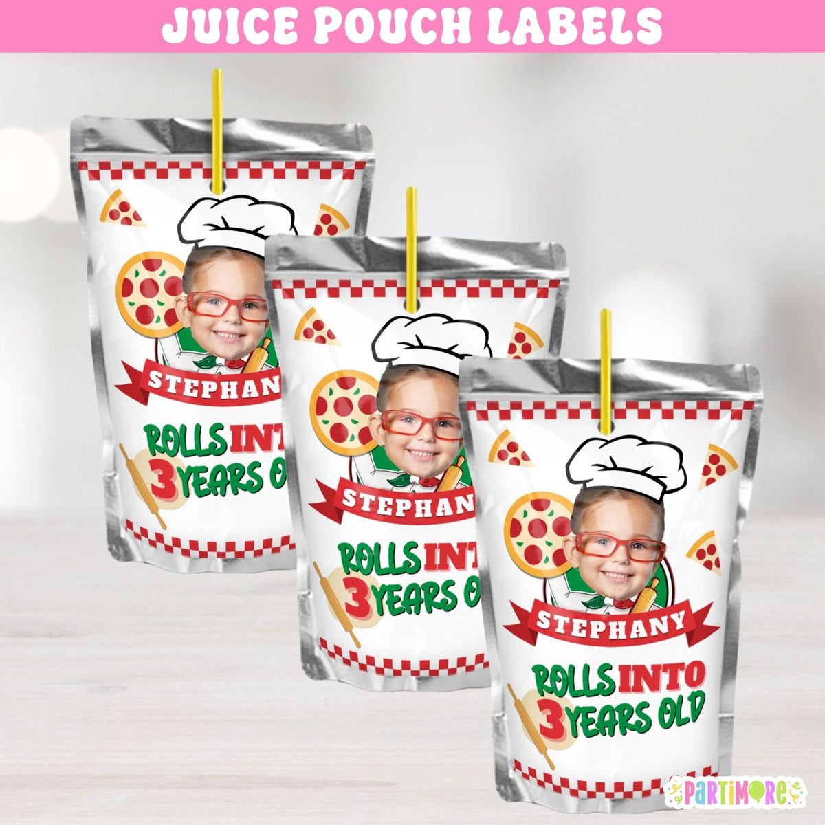 Set of 12 personalized pizza juice pouch labels with name age and photo for One Big Slice first birthday and pizza birthday party favors