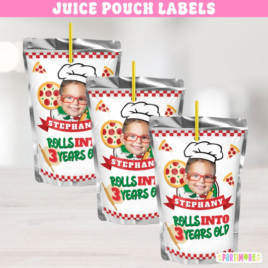 Set of 12 personalized pizza juice pouch labels with name age and photo for One Big Slice first birthday and pizza birthday party favors