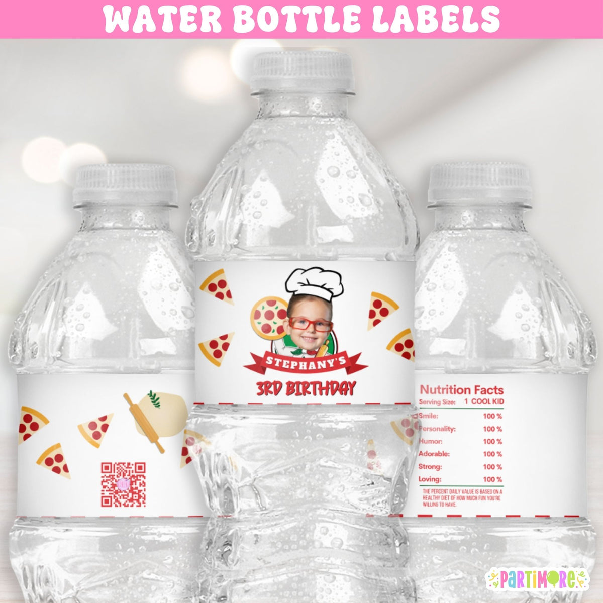 Set of 12 personalized pizza water bottle labels with name age and photo for One Big Slice first birthday and pizza birthday party decorations