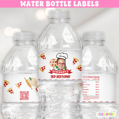 Set of 12 personalized pizza water bottle labels with name age and photo for One Big Slice first birthday and pizza birthday party decorations